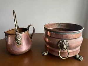 Antique Patina Brass Jardiniere Planter & Jug Lions Head with Rings and Paw Feet - Picture 1 of 6