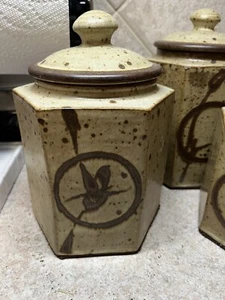 VTG SET 3 MCM Art Pottery Stoneware Otagiri Takahashi Canisters Speckled 5-sided - Picture 1 of 17
