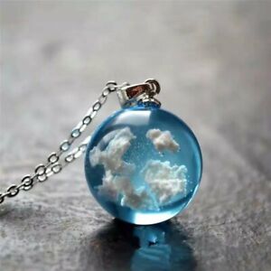 Transparent Resin Ball Blue Sky White Cloud Pendant Necklace Women Chain Fashion