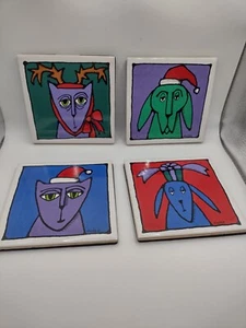 Rare Vintage Ursula Dodge Christmas Cat Dog Coasters Set of 4 - Picture 1 of 6
