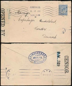 GB WW1 ZENSIERT nach DÄNEMARK 2 1/2d FRANKING 1919 HINDLEY + CO PERFIN + UMSCHLAG - Bild 1 von 1