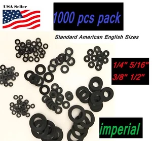 1000Pcs 1/4 5/16 3/8 1/2 SAE Imperial Plastic Black  Nylon Washer Flat Spacer   - Picture 1 of 3
