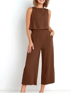 Tahari 2-teiliges Leinenset braun Cropped Hose und kurzärmeliges Oberteil XS - Bild 1 von 12