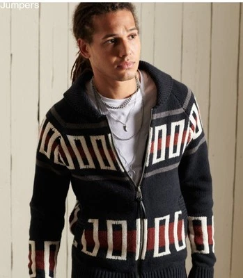 Superdry Mens Vintage Zip Through Shawl Wool Cardigan. Burgundy Navy Medium  - Image 1 of 4