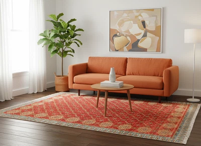 Hand-Knotted Rust & Turquoise Oriental Wool Rug – Traditional Pattern 12x18 ft. - Image 1 of 4