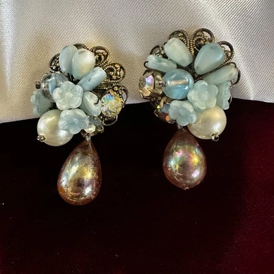 Pendientes Clip Flor Diamantes de Imitación AB Perla Vidrio Arte Azul Estilo Haskell De Colección Foto 1 de 4