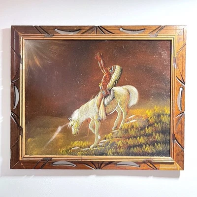 Vintage Native American Warrior Horse Art Black Velvet Painting Western Decor - Image 1 of 4
