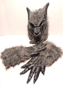 Grey Werewolf Wolf Halloween Adult Latex Mask Full Face & Fur Gloves Fun World - Picture 1 of 9