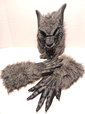 Máscara de látex gris hombre lobo Halloween adulto cara completa y guantes de piel mundo divertido Foto 1 de 4