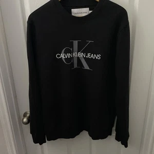 Calvin Klein Large Men Black White Crew Neck Fleece Sweatshirt CK Logo - Picture 1 of 4