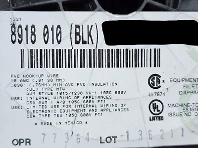 Fio de conexão Belden 8918 #18awg UL1015/1230 PVC cobre estanhado 600V preto/50 pés - Imagem 1 de 4