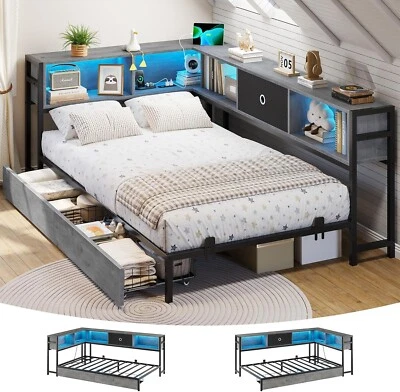 Twin Size Corner Bed Frame with Led Lights,Drawers,Charging Station,Gray Daybed - Image 1 of 4