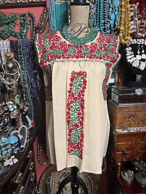 Beautiful Mexican Dress In White/Yellow Stripe & Red/Green Crochet, Embroidery M - Image 1 of 4