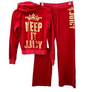 Juicy Couture Vintage Velour Track Suit Sz L Jacket Sz M Pants Red Gold Y2K Logo