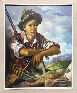 The Young Huntsman - Original c. 1950s Vintage Oil Portrait Painting with Game - Picture 1 of 13