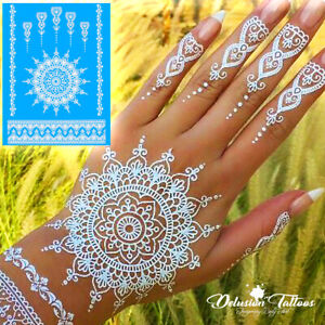 KIT TATOUAGE TEMPORAIRE HENNÉ BLANC AUTOCOLLANTS, MANDALA, MEHNDI, FLEUR, MAIN, FEMMES