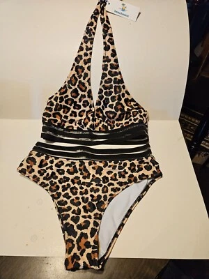 Traje de Baño 2 Piezas Damas NNT Leopardo Negro Cuero Diseño Sexy Poliéster Baile Usado en Excelente Condición B1☆ Foto 1 de 4