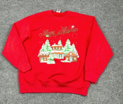 Fruit of the Loom 圣诞运动衫成人 XL 红色 Happy Holidays 90 年代 — 第 1/4 张图片