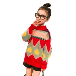 Kids Girl Sweater Knitted Jumper Top Cartoon Ethnic Pullover Warm Cute New - Picture 1 of 13