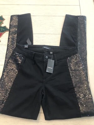 Bebe Dress Pants Skinny Black Sequin (on sides) Twill Festive Sz 25 XS Stretch - Image 1 of 4