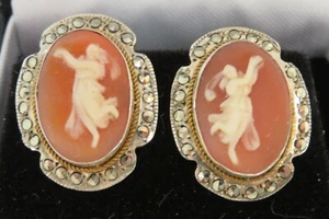 Solid silver & carved shell cameo vintage Art Deco antique clip earrings - Picture 1 of 10
