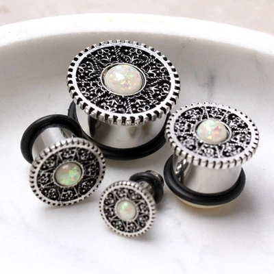 PAIR of 316L Surgical Steel Steampunk Intricate Gear with Opal Plug - Image 1 of 4