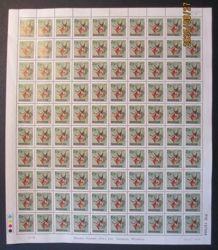 Rhodesia - 1974 SG490 2½ cents - Depicting the Eland Complete sheet  -  MNH - Image 1 of 1