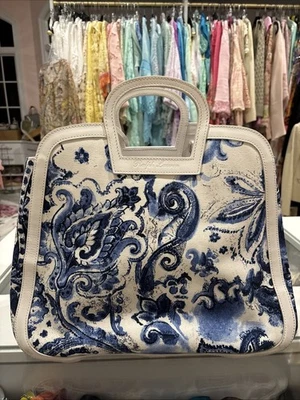 Ralph Lauren 系列白色蓝色柔软皮革手提包单肩包 2 路蓝色 W — 第 1/4 张图片