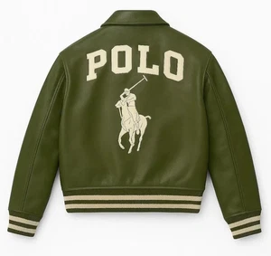 Polo Ralph Lauren Varsity Leather Green Jacket with Embroidered Logo - Picture 1 of 3