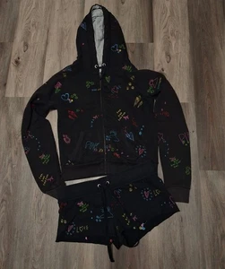Felpa con cappuccio e pantaloncino ROSA Victorias Secret Medium nero ricamato graffiti full zip - Foto 1 di 8