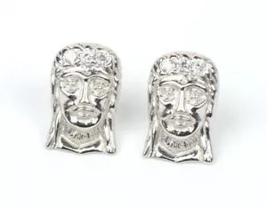 14k White Gold Jesus Face Stud Screwback Earrings - Picture 1 of 1