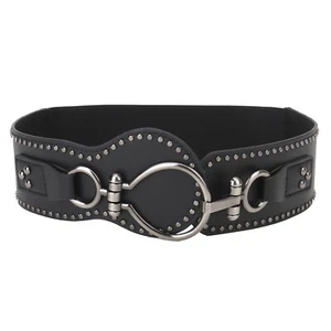 S-2XL Punk Goth Studded Round Buckle Dress Belts Women Wide Elastic Cinch Belt - Picture 1 of 9