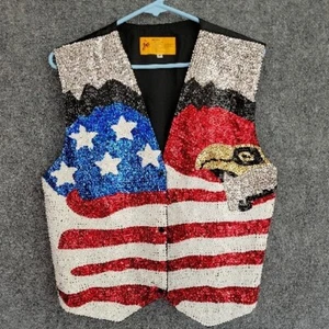 JC 001 USA Vintage Sequin US Flag Eagle Head Patriotic Stars Stripes Vest Sz M - Picture 1 of 8