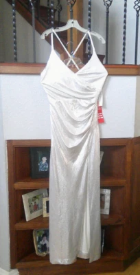 NWT. ELIZA J.CHAMPAGNE GATHERED LONG SLIT SHIIMMER STRAP LONG GOWN,SIZE 10 - Image 1 of 4