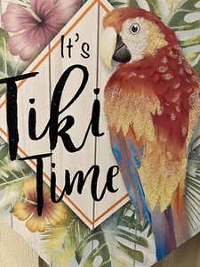 Glitter Tiki TBar Sign Welcome To Our Parrots Flowers Faux Wood Style Hanging - Picture 1 of 2
