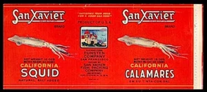 Lot 4 Tintenfisch/Kalamares/Marke San Xavier/Dosenetiketten/Monterey/CA 1950’er Jahre S+H$1. US - Bild 1 von 1