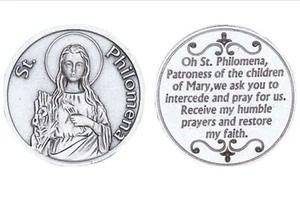 St Philomena Pocket Token Silver Tone Patron of Babies & Children Prayer Coin - Picture 1 of 2
