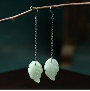 Jade Drop Dangle Earrings Retro Bohemian Tree Leaf Hook 18K White Gold Plated - Picture 1 of 6