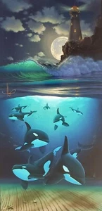 Guiding Light Wyland & Hogue 1989 Oil Painting Poster Art Lighthouse Whale Orcas - Picture 1 of 9