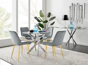 NOVARA Chrome Round Glass Dining Table and 4 Luxury Velvet Dining Chairs - Picture 1 of 248