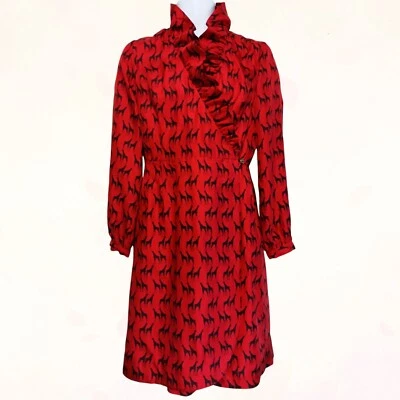 Elizabeth McKay Red Colored Black Giraffe Print Long-sleeve Wrap-around Dress S4 - Image 1 of 4