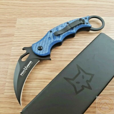 Fox Karambit 折叠刀 3.20 英寸 N690 钢刀片蓝色斜纹碳纤维手柄 — 第 1/4 张图片
