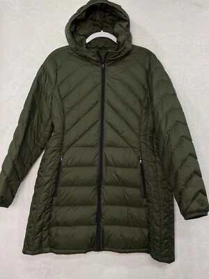 London Fog Down Feather Puffer Long Packable Jacket Women XL Hooded Green NEW - Image 1 of 4