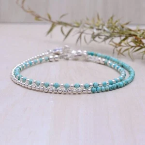 A++ Delicadas pulseras de cuentas redondas facetadas turquesa con piedras preciosas rellenas de plata 6-8"" - Imagen 1 de 12