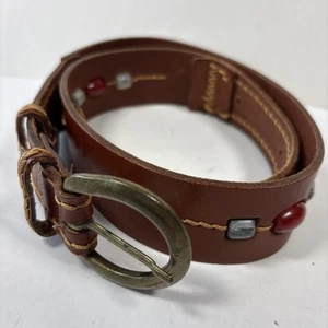 Vintage LL Bean Beaded Genuine Leather Belt Brass Buckle Size L - Picture 1 of 7