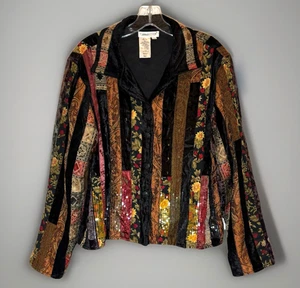 Velour Patchwork Jacket Womens L Artsy Eclectic Funky Sequins Hippie Boho Velvet - Picture 1 of 15