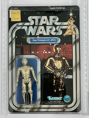 Droide C-3PO AFA 80 casi nuevo sin usar, en caja 12 trasero C de colección Kenner Star Wars SW 1978 sin perforar Foto 1 de 4