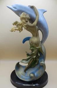 Unique Dolphin Woman Mermaid Ocean Waves Blue Gold 13" Statue Figurine On Base - Picture 1 of 11