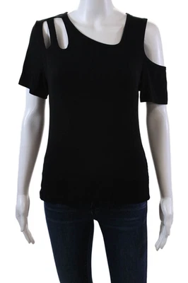 LNA Women's Round Neck Short Sleeves Ribbed Cut-Outs Blouse Black Size M - Image 1 of 4