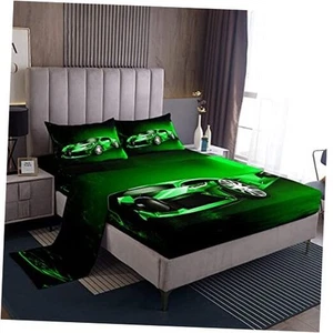  Sports Bed Sheets Race Car Sheet Set for Kids Extreme Sports Bed Twin Green - Picture 1 of 8
